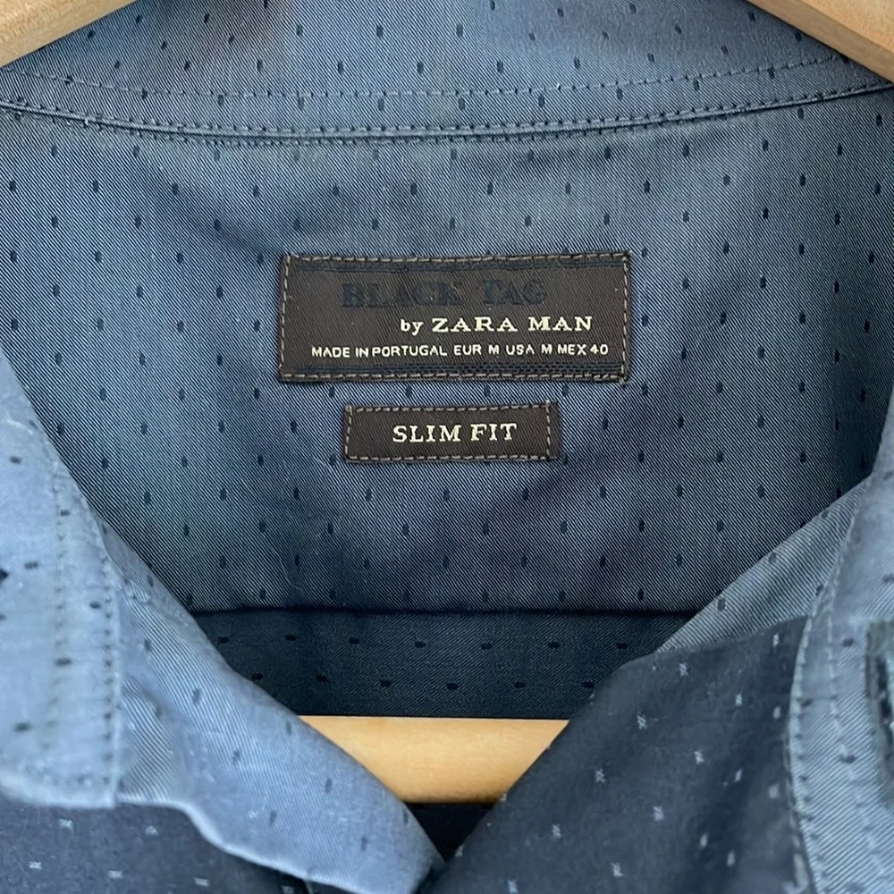 Black Tag Slim Fit Zara Men’s Navy Blue Dress Shirt medium - Picture 2 of 5